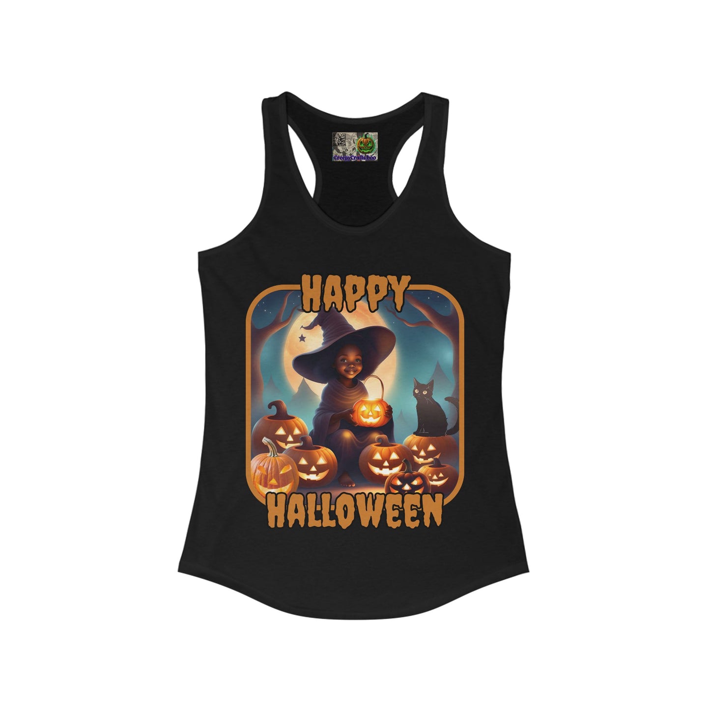 Happy Halloween Cute Witch Orange font Women's Racerback Tank Top by CreepyCrafts.boo