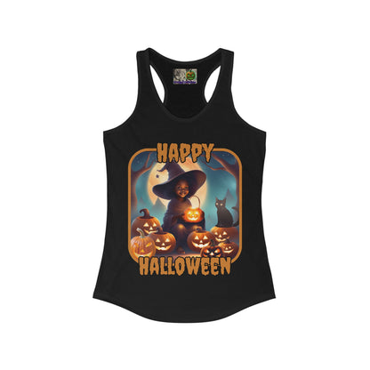 Happy Halloween Cute Witch Orange font Women's Racerback Tank Top by CreepyCrafts.boo