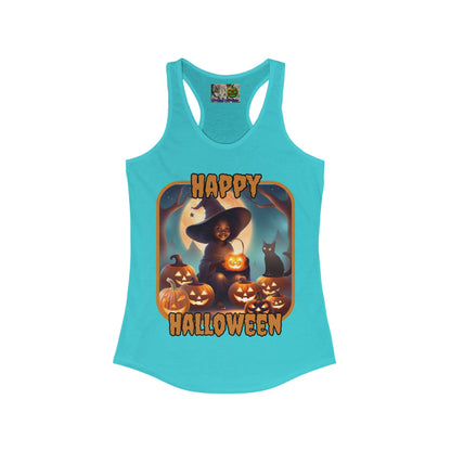 Happy Halloween Cute Witch Orange font Women's Racerback Tank Top by CreepyCrafts.boo
