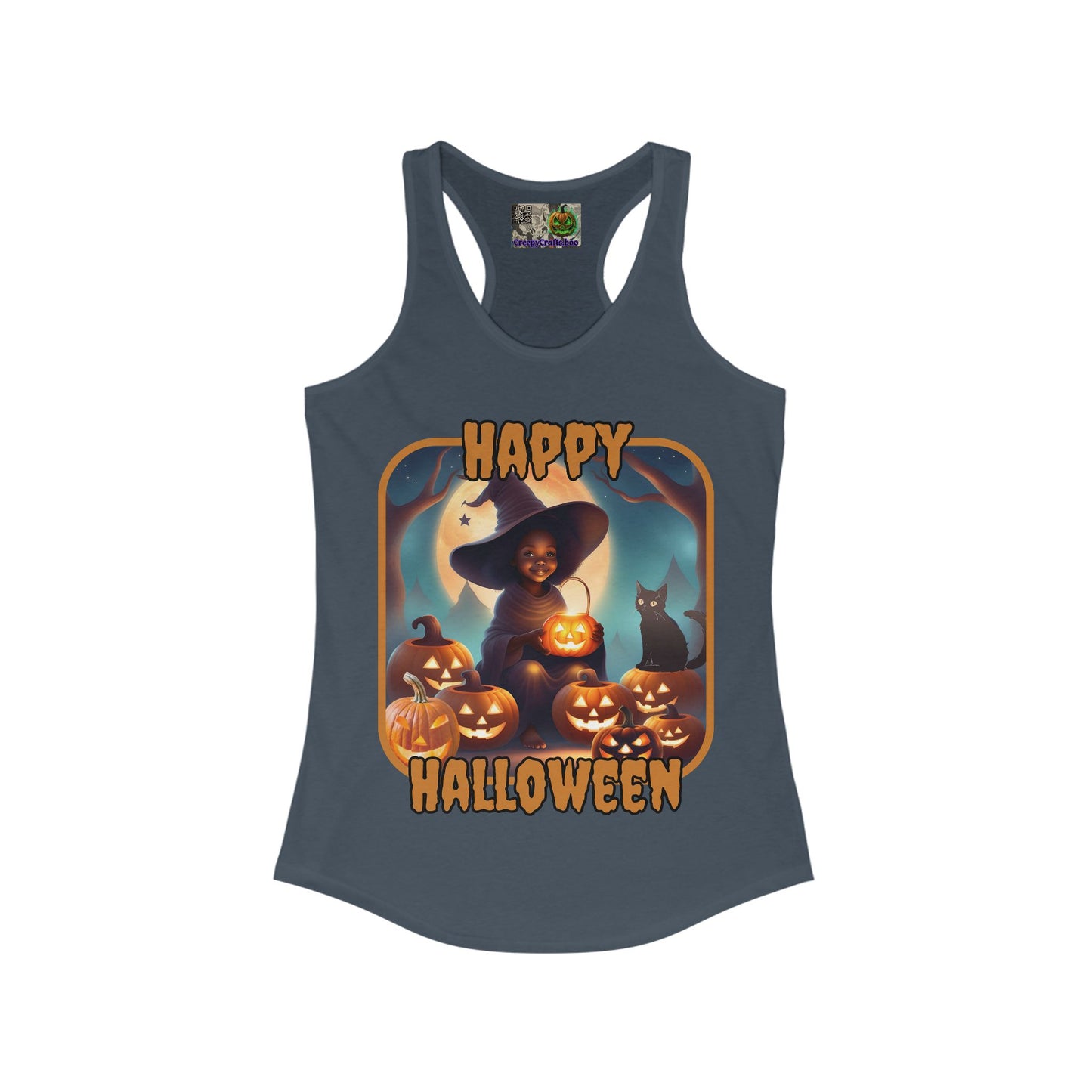 Happy Halloween Cute Witch Orange font Women's Racerback Tank Top by CreepyCrafts.boo