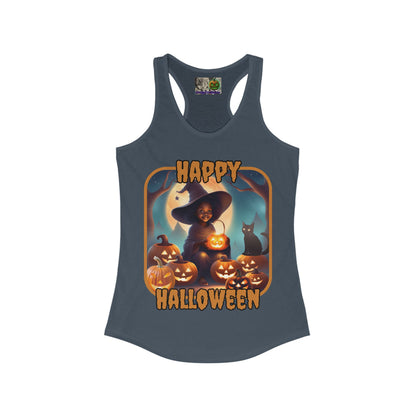 Happy Halloween Cute Witch Orange font Women's Racerback Tank Top by CreepyCrafts.boo