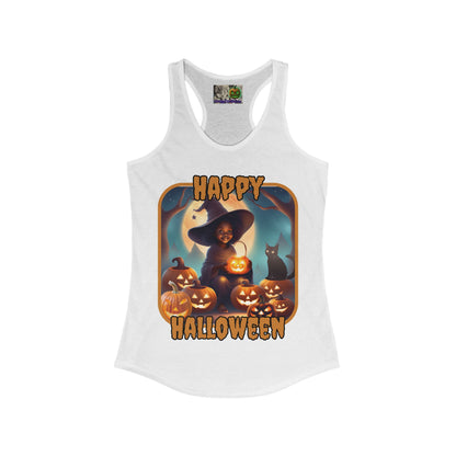 Happy Halloween Cute Witch Orange font Women's Racerback Tank Top by CreepyCrafts.boo