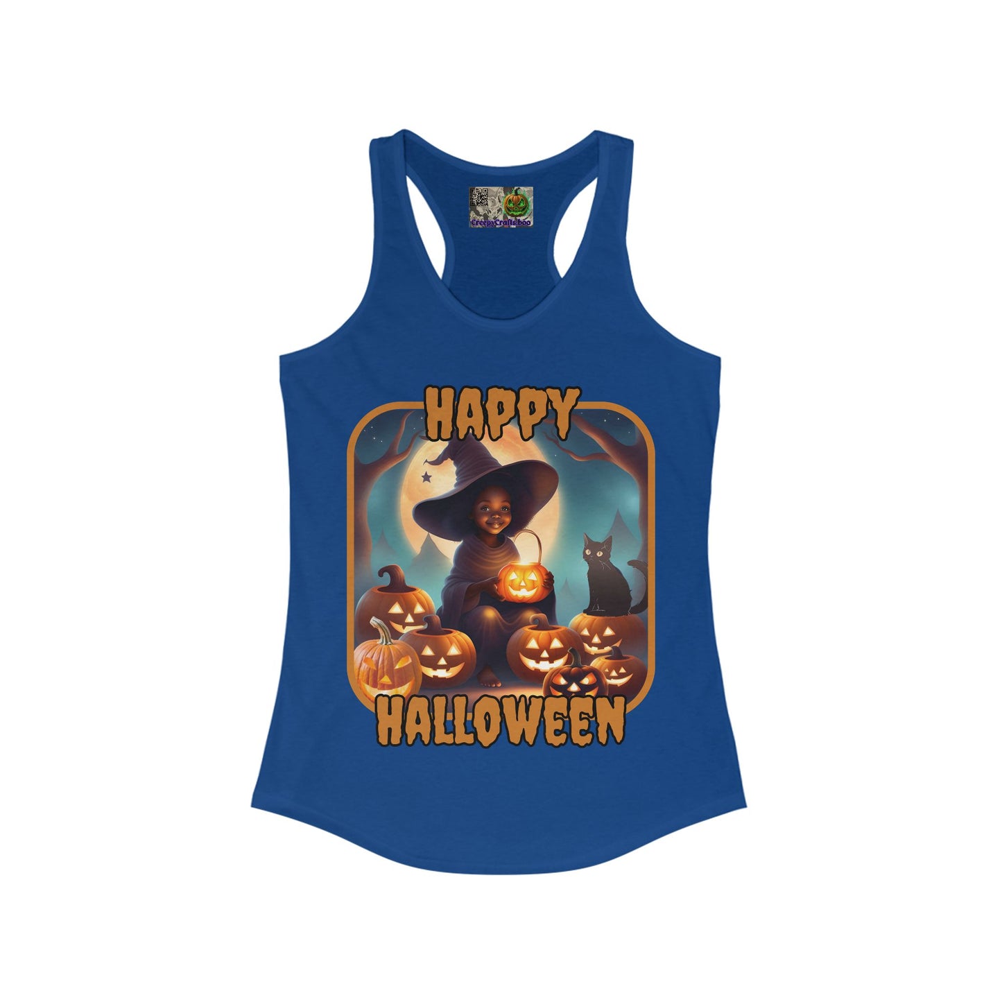 Happy Halloween Cute Witch Orange font Women's Racerback Tank Top by CreepyCrafts.boo