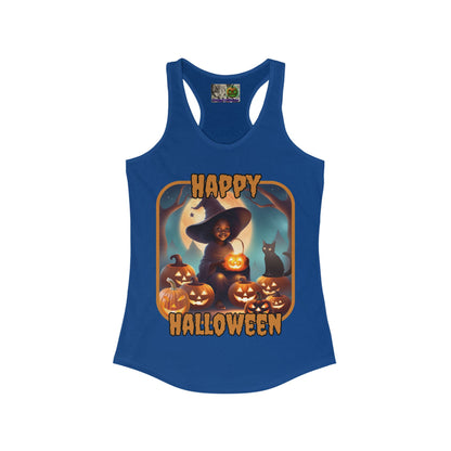 Happy Halloween Cute Witch Orange font Women's Racerback Tank Top by CreepyCrafts.boo
