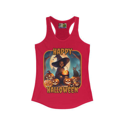Happy Halloween Cute Witch Orange font Women's Racerback Tank Top by CreepyCrafts.boo