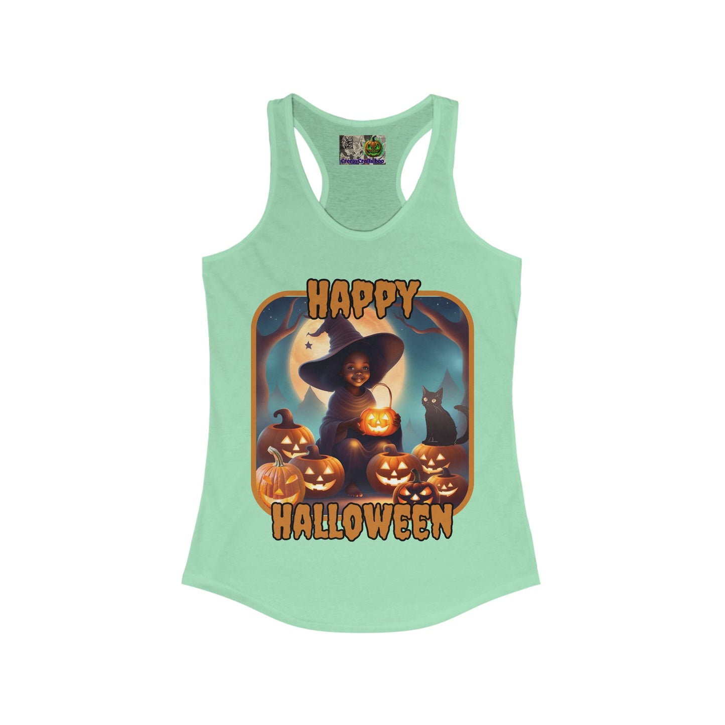 Happy Halloween Cute Witch Orange font Women's Racerback Tank Top by CreepyCrafts.boo