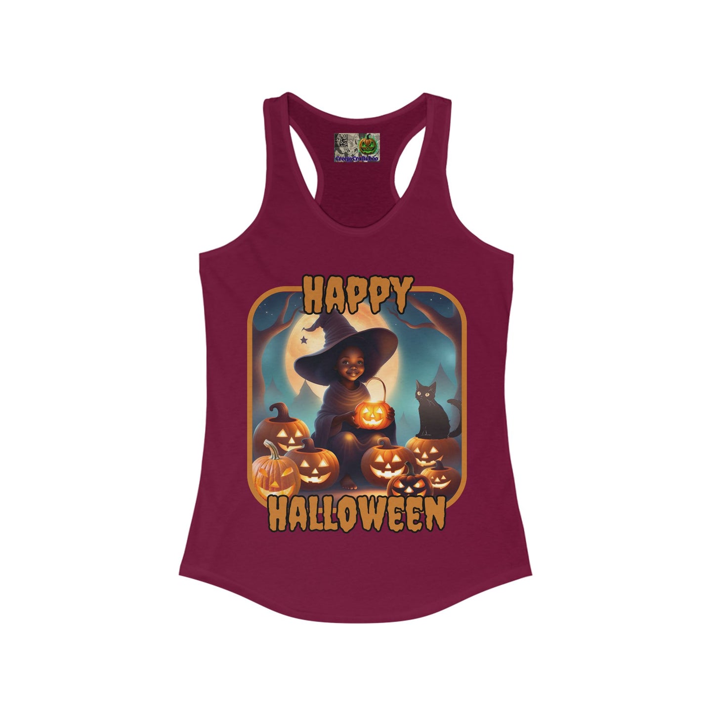 Happy Halloween Cute Witch Orange font Women's Racerback Tank Top by CreepyCrafts.boo
