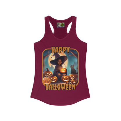Happy Halloween Cute Witch Orange font Women's Racerback Tank Top by CreepyCrafts.boo