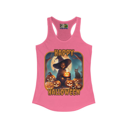 Happy Halloween Cute Witch Orange font Women's Racerback Tank Top by CreepyCrafts.boo