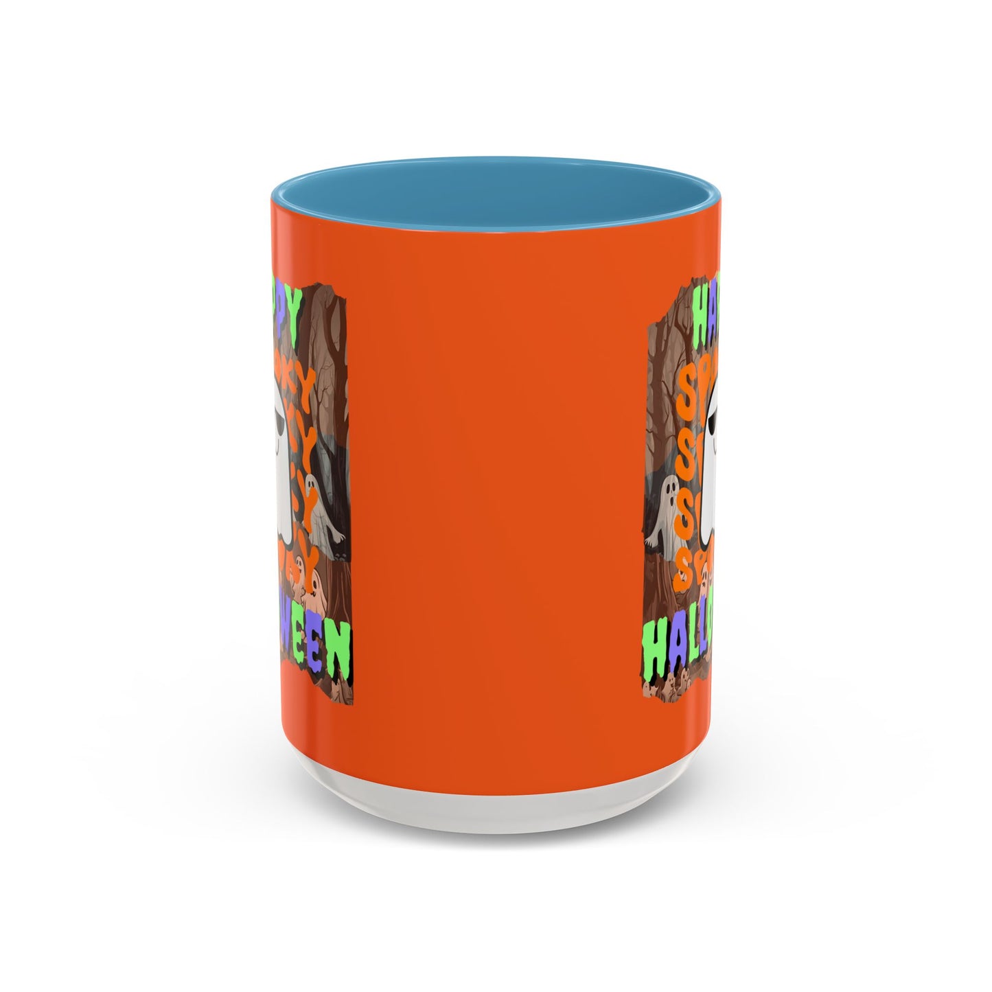 Spooky Happy Halloween Ghost Mixed font Orange Accent Mug by CreepyCrafts.boo