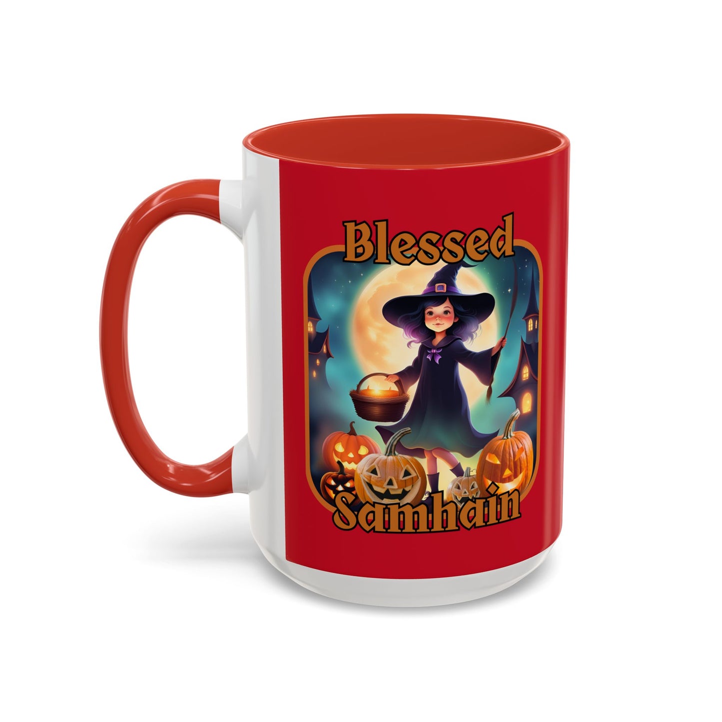 Blessed Samhain Little Witch Orange font Red Accent Mug by CreepyCrafts.boo