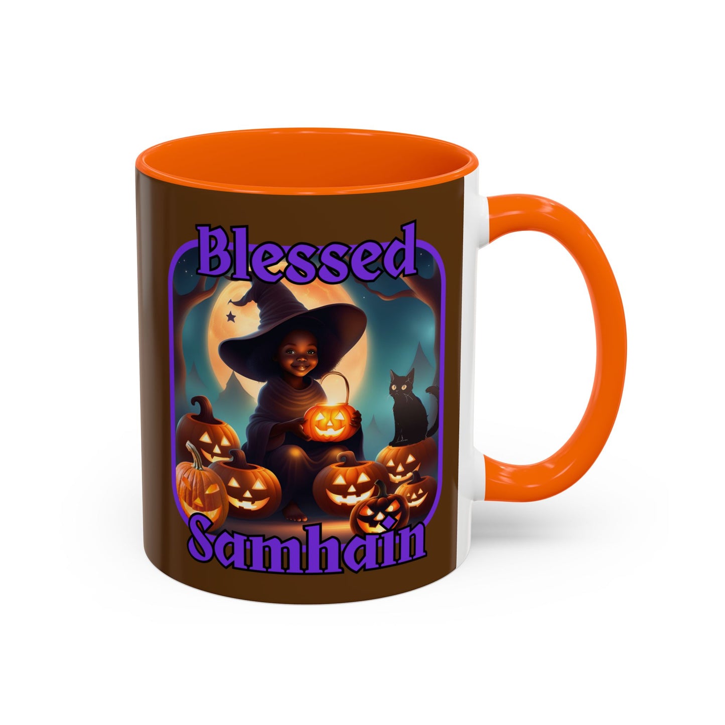 Blessed Samhain Cute Witch Purple font Brown Accent Mug by CreepyCrafts.boo
