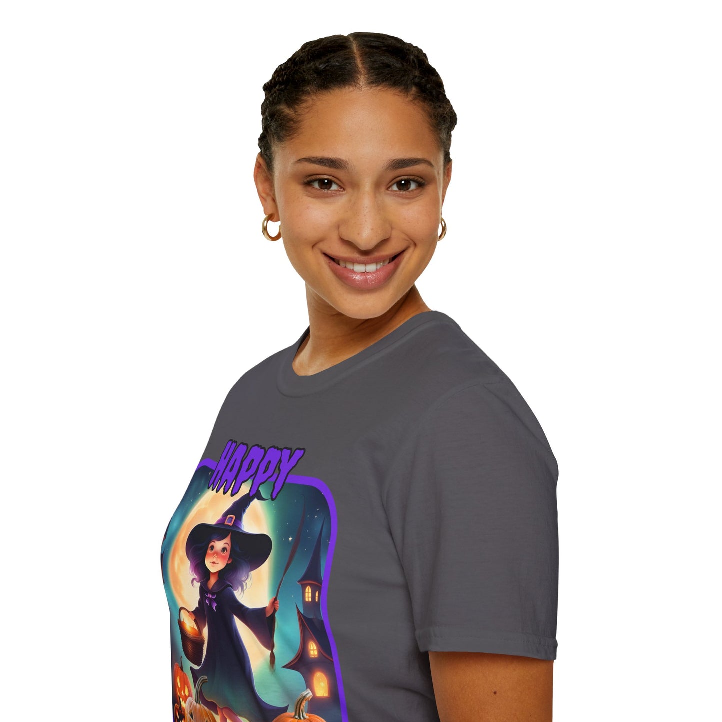 Happy Halloween Little Witch Purple font, Dark colors, Unisex T-Shirt by CreepyCrafts.boo