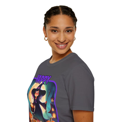 Happy Halloween Little Witch Purple font, Dark colors, Unisex T-Shirt by CreepyCrafts.boo