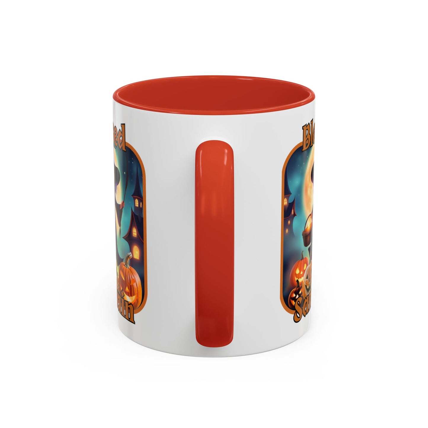 Blessed Samhain Little Witch Orange font White Accent Mug by CreepyCrafts.boo