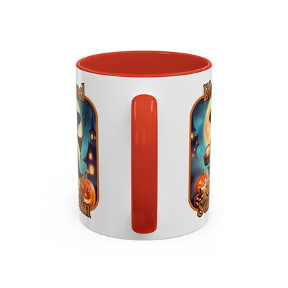 Blessed Samhain Little Witch Orange font White Accent Mug by CreepyCrafts.boo