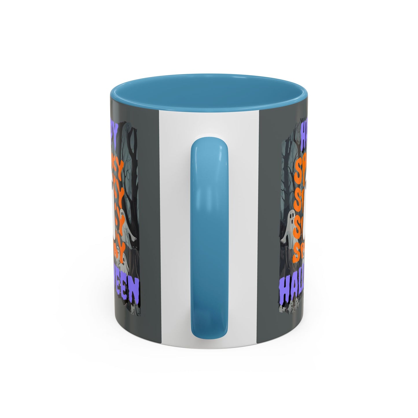 Spooky Happy Halloween Ghost Purple font Grey Accent Mug by CreepyCrafts.boo