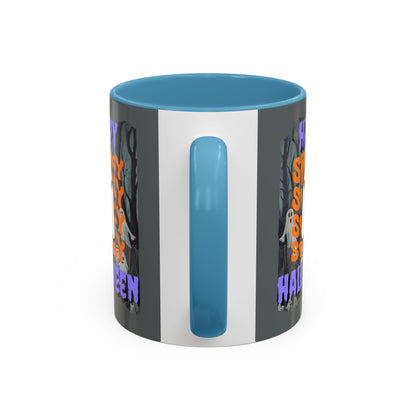 Spooky Happy Halloween Ghost Purple font Grey Accent Mug by CreepyCrafts.boo