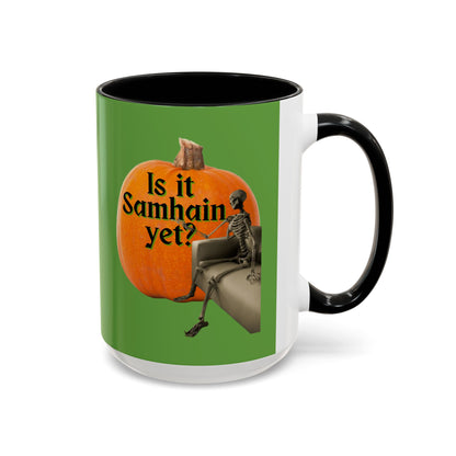 Is It Samhain Yet? Skeleton's Giant Pumpkin Green Accent Mug by CreepyCrafts.boo