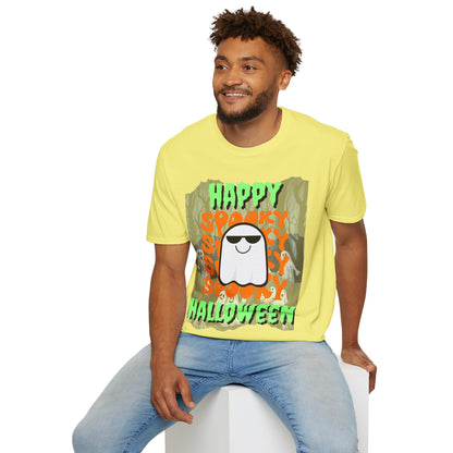 Spooky Happy Halloween Ghost Light colors Green font Unisex T-Shirt by CreepyCrafts.boo