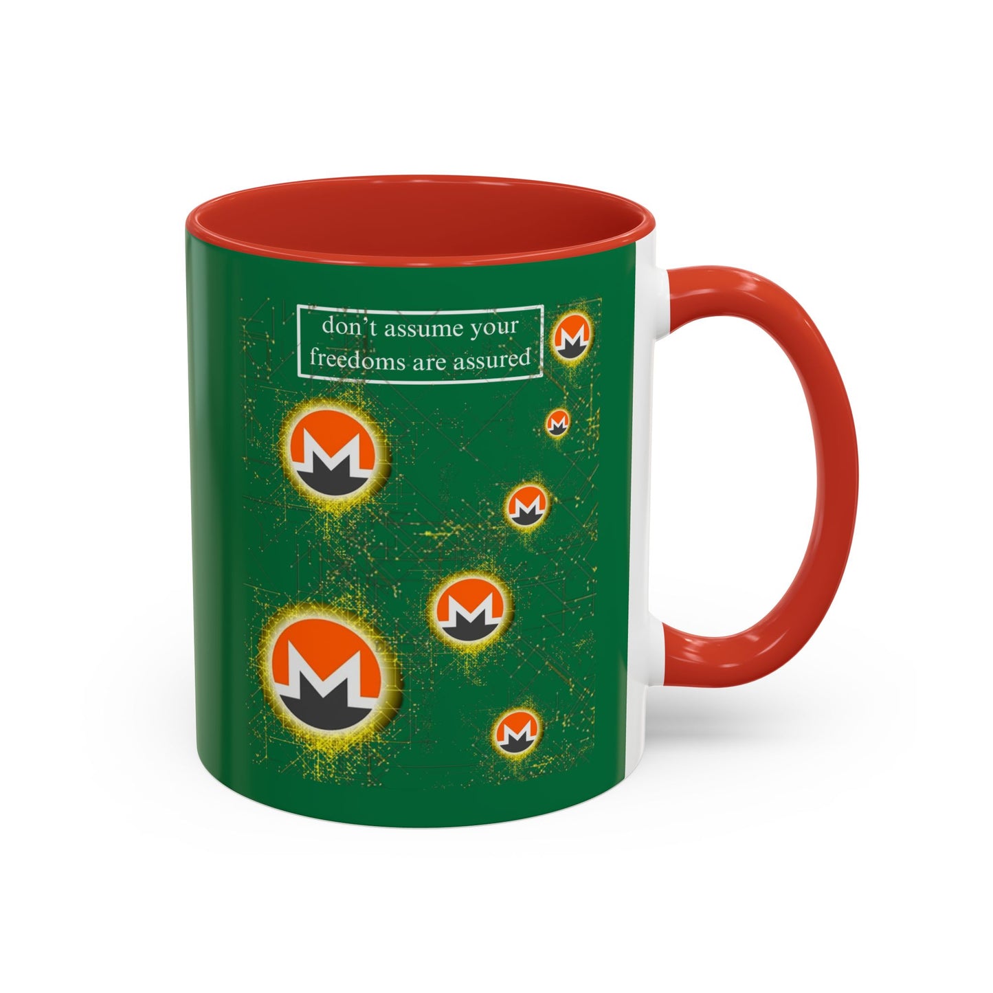 Monero (XMR) don't assume your freedoms are assured Green Accent Mug by cypherpunkgear.com