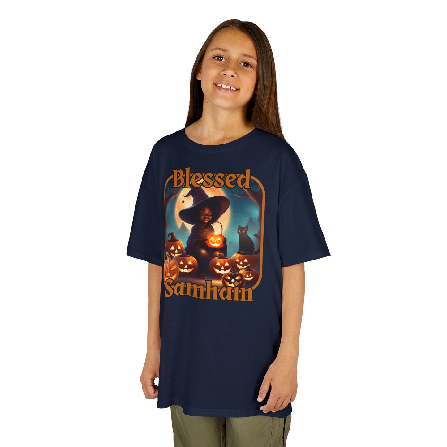 Blessed Samhain Cute Witch Orange font Kids Heavy Cotton™ Tee by CreepyCrafts.boo