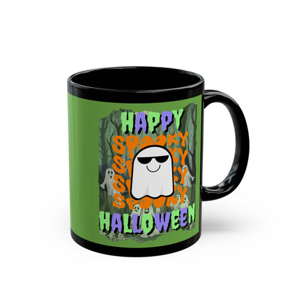 Spooky Happy Halloween Ghost Mixed font Green Mug by CreepyCrafts.boo