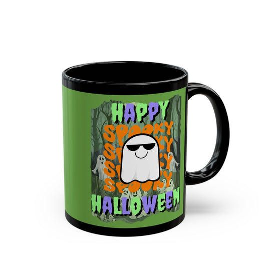 Spooky Happy Halloween Ghost Mixed font Green Mug by CreepyCrafts.boo
