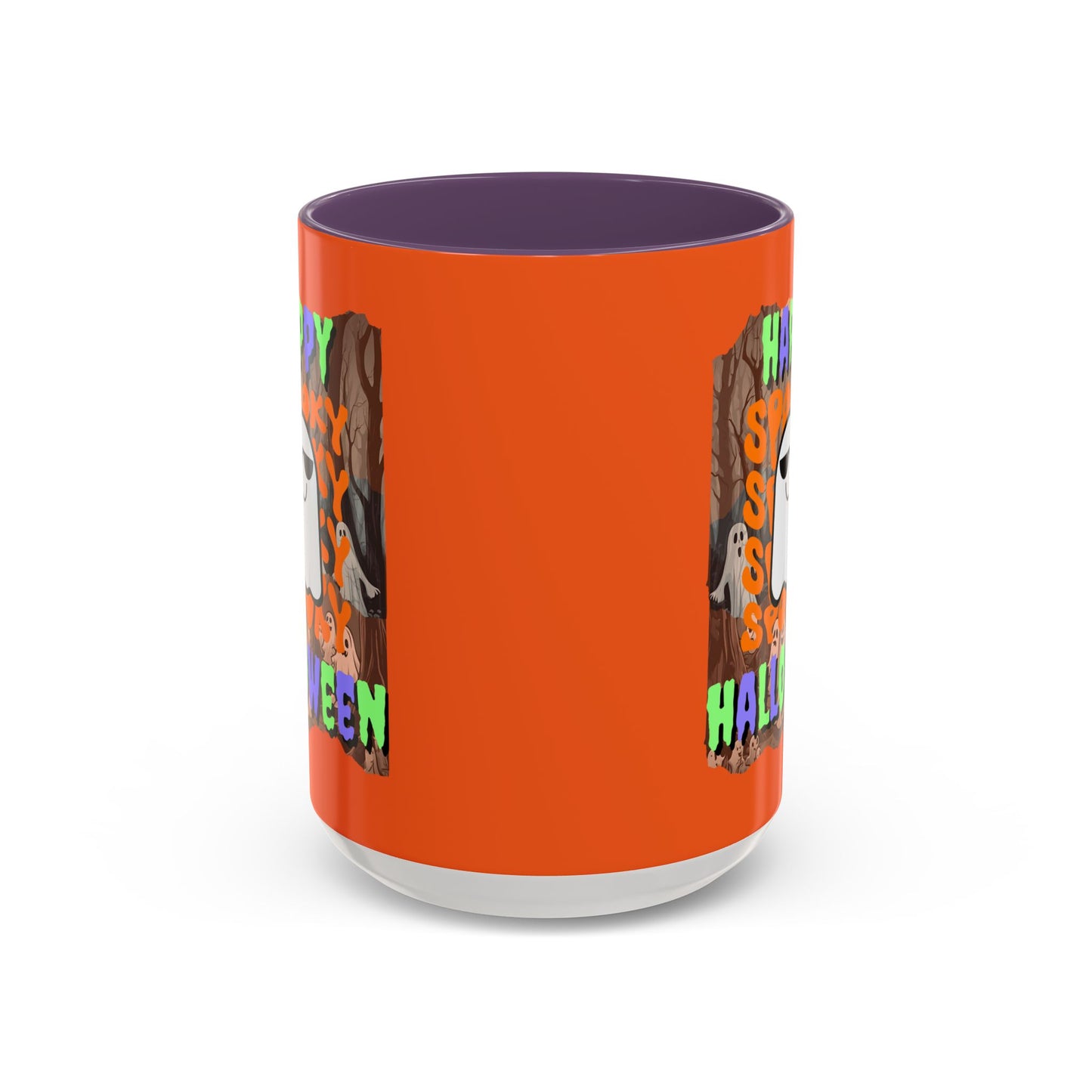 Spooky Happy Halloween Ghost Mixed font Orange Accent Mug by CreepyCrafts.boo