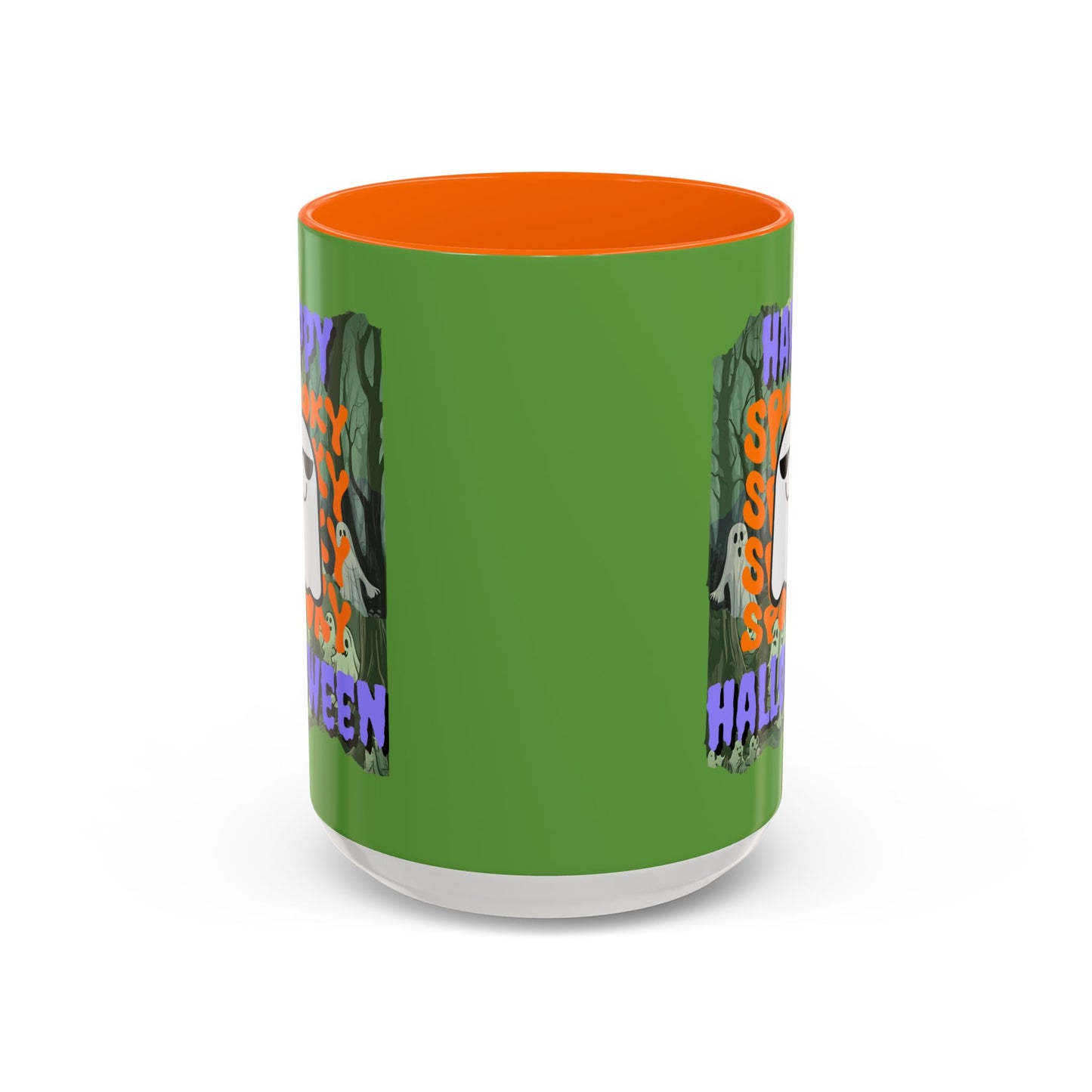 Spooky Happy Halloween Ghost Purple font Green Accent Mug by CreepyCrafts.boo