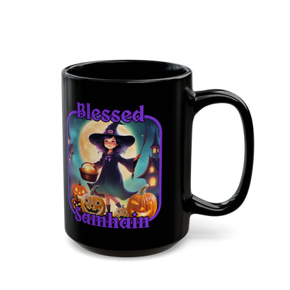 Blessed Samhain Little Witch PRfont Black Mug by cypherpunkgear