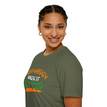 Irish Whiskey makes it better Orange, White, and Green font Dark colors Unisex T-Shirt by cypherpunkgear.com