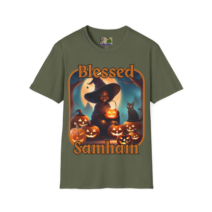 Blessed Samhain Cute Witch Orange font Dark colors Unisex T-Shirt by CreepyCrafts.boo