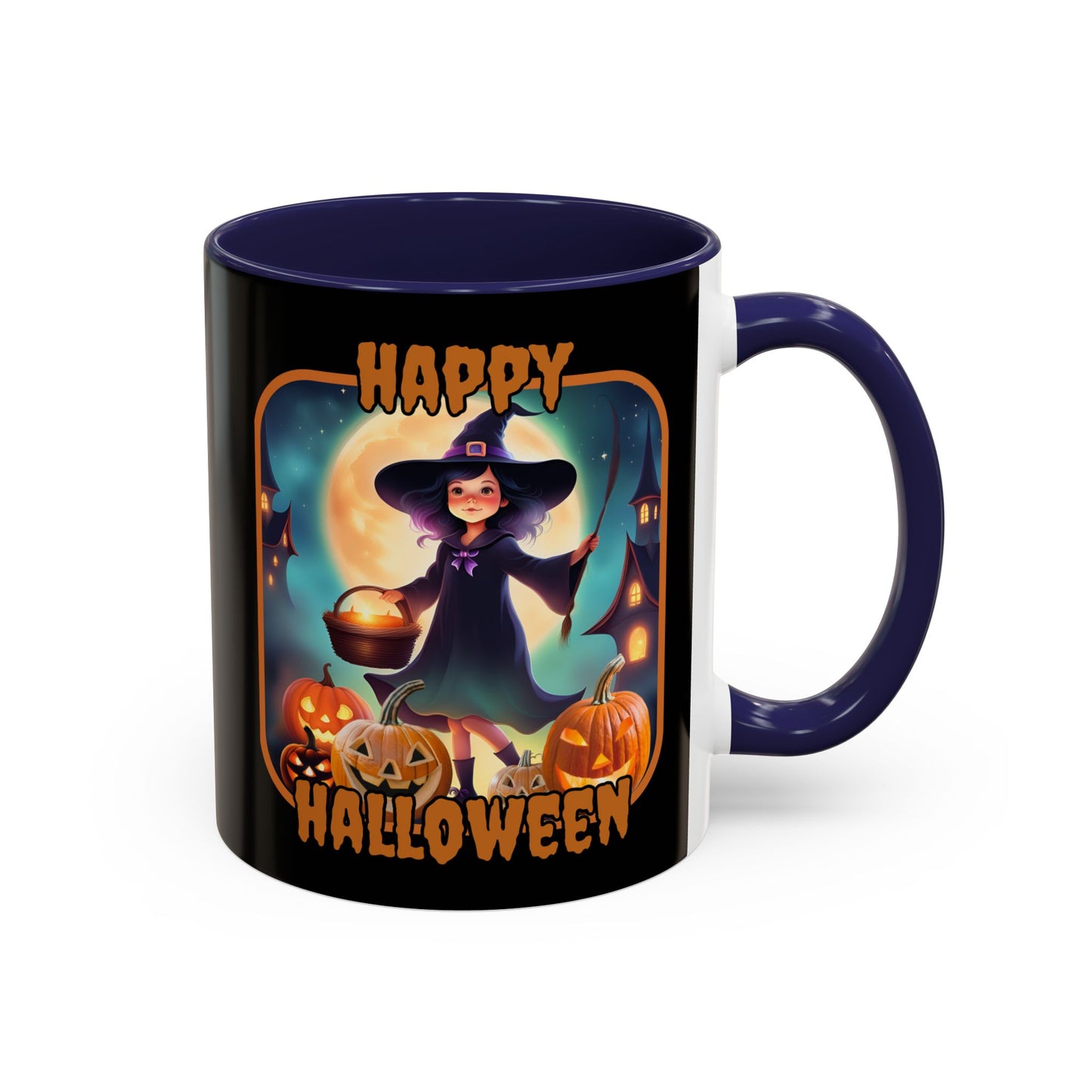 Happy Halloween Little Witch Orange font Black Accent Mug by CreepyCrafts.boo