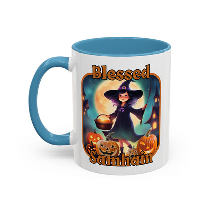 Blessed Samhain Little Witch Orange font White Accent Mug by CreepyCrafts.boo