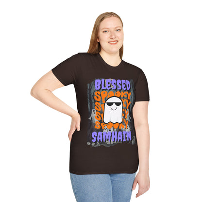 Spooky Blessed Samhain Ghost Purple font Unisex T-Shirt by CreepyCrafts.boo