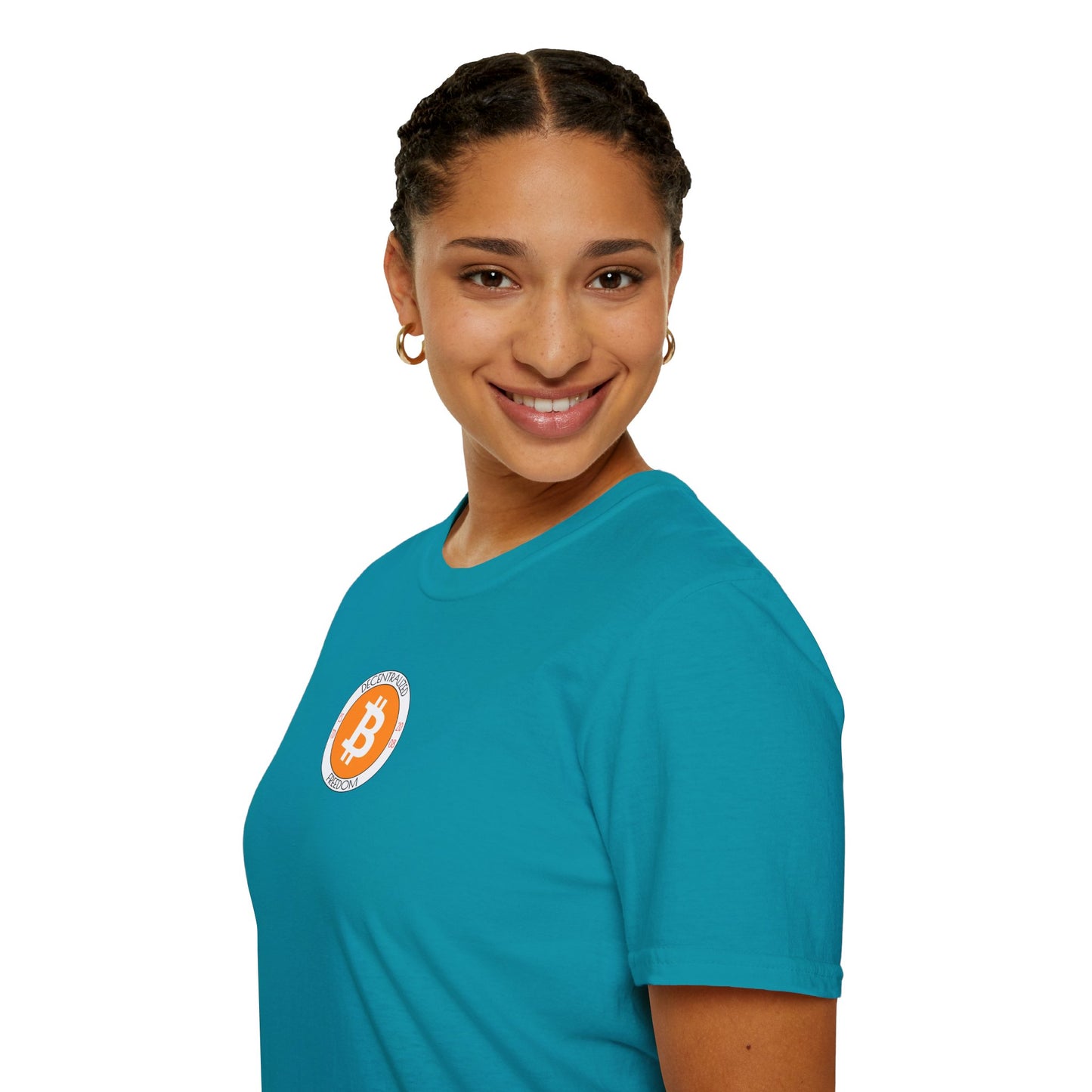 2-sided, Bitcoin (BTC) Decentralized Freedom Dark colors Unisex T-Shirt by cypherpunkgear.com