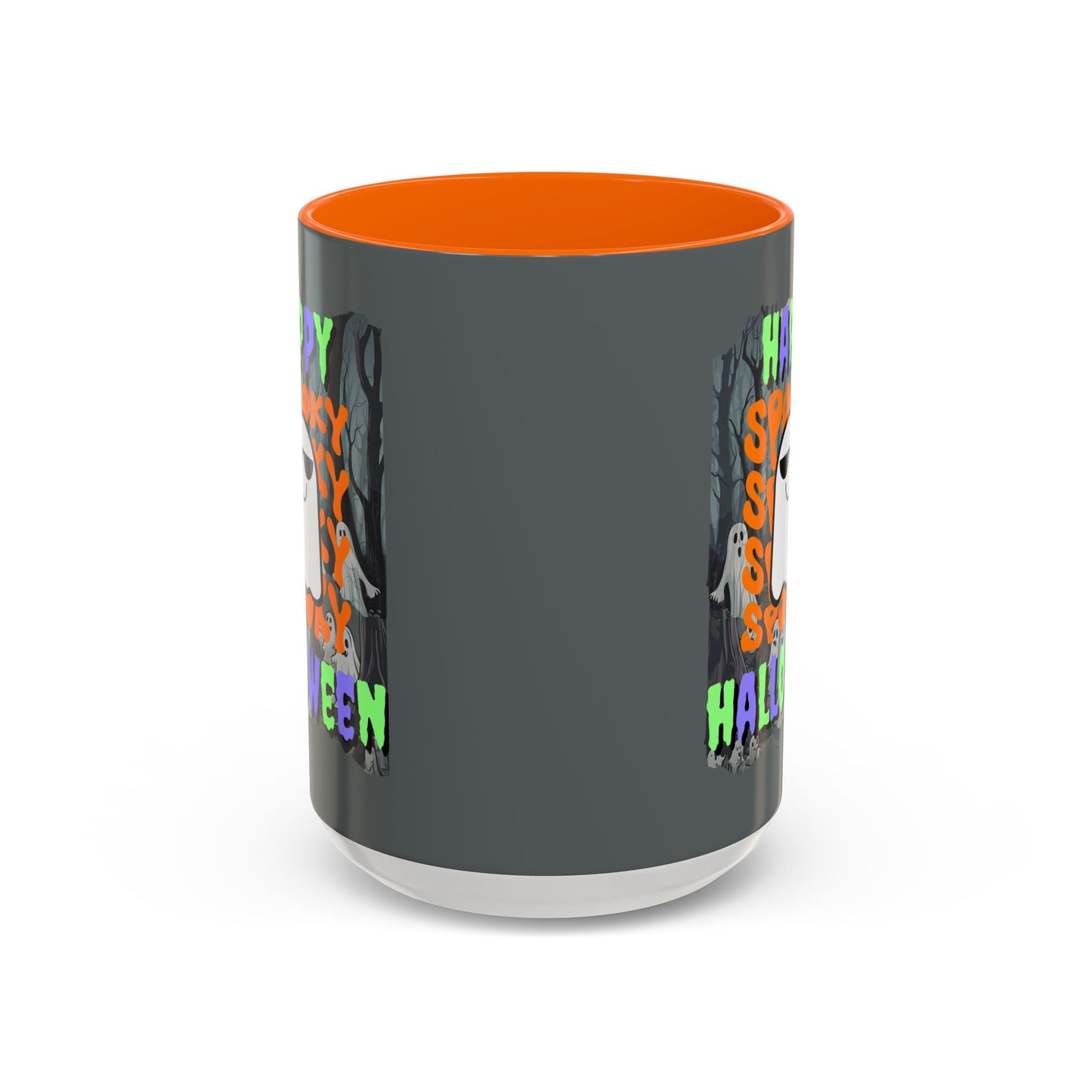 Spooky Happy Halloween Ghost Mixed font Grey Accent Mug by CreepyCrafts.boo