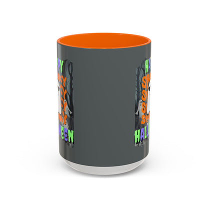 Spooky Happy Halloween Ghost Mixed font Grey Accent Mug by CreepyCrafts.boo