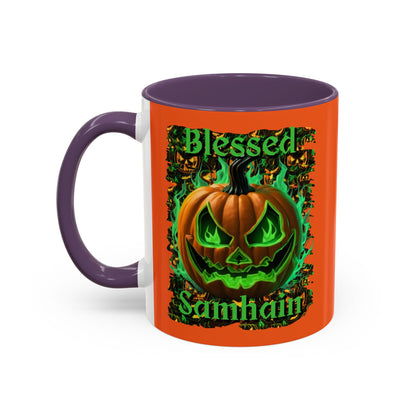 Blessed Samhain Green Jack Orange Accent Mug by CreepyCrafts.boo
