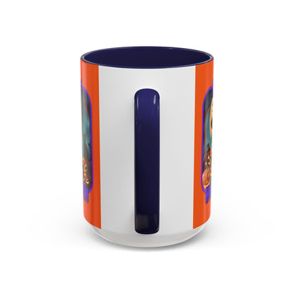 Happy Halloween Cute Witch Purple font Orange Accent Mug by CreepyCrafts.boo