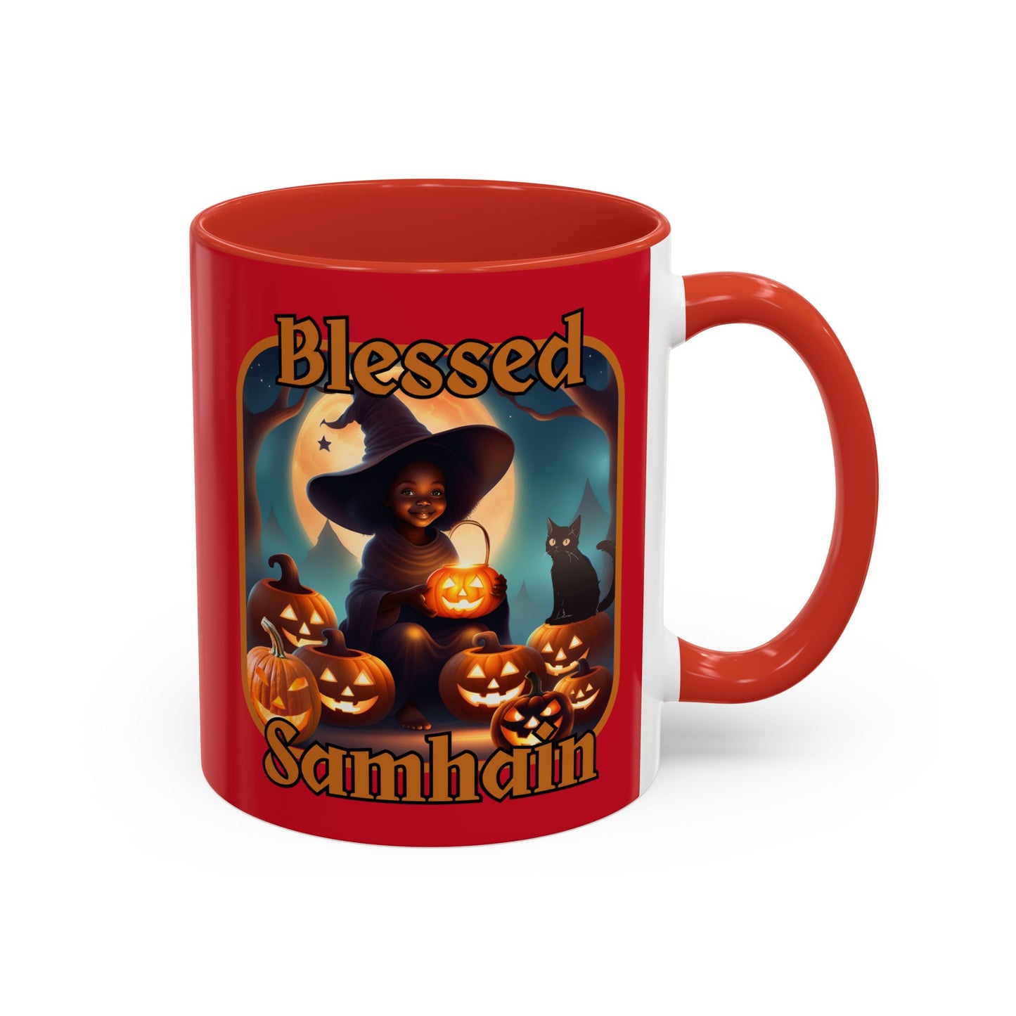 Blessed Samhain Cute Witch Orange font Red Accent Mug by CreepyCrafts.boo
