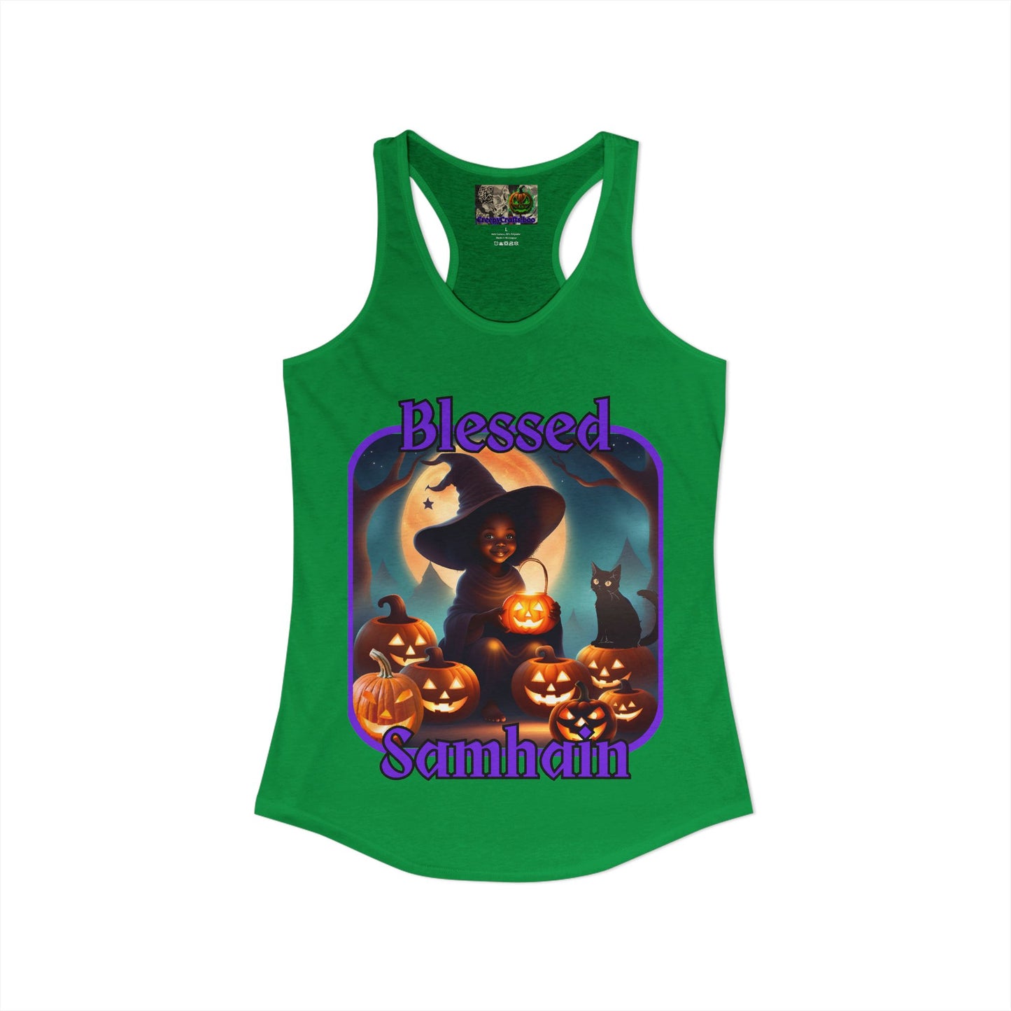 Blessed Samhain Cute Witch Purple font Women's Racerback Tank Top by CreepyCrafts.boo