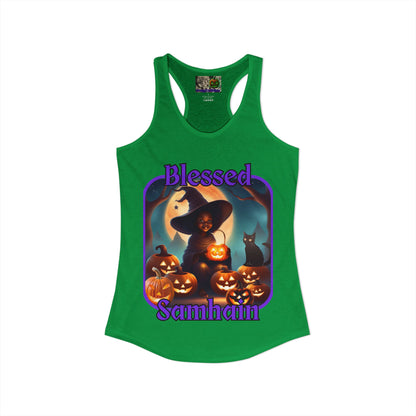 Blessed Samhain Cute Witch Purple font Women's Racerback Tank Top by CreepyCrafts.boo
