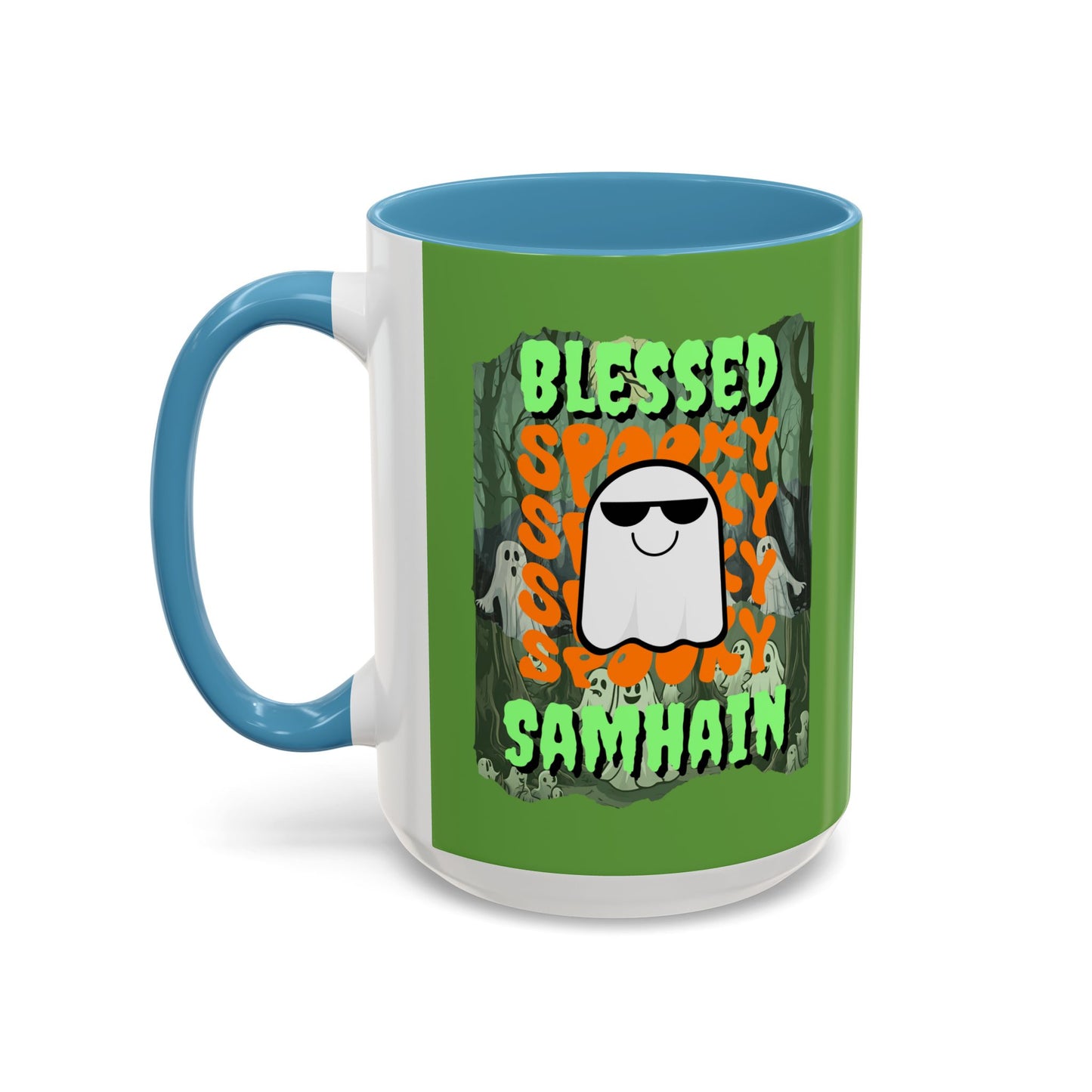 Spooky Blessed Samhain Ghost Green font Accent Mug by CreepyCrafts.boo