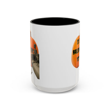 Is it Halloween yet? Skeleton's Giant Pumpkin White Accent Mug by CreepyCrafts.boo