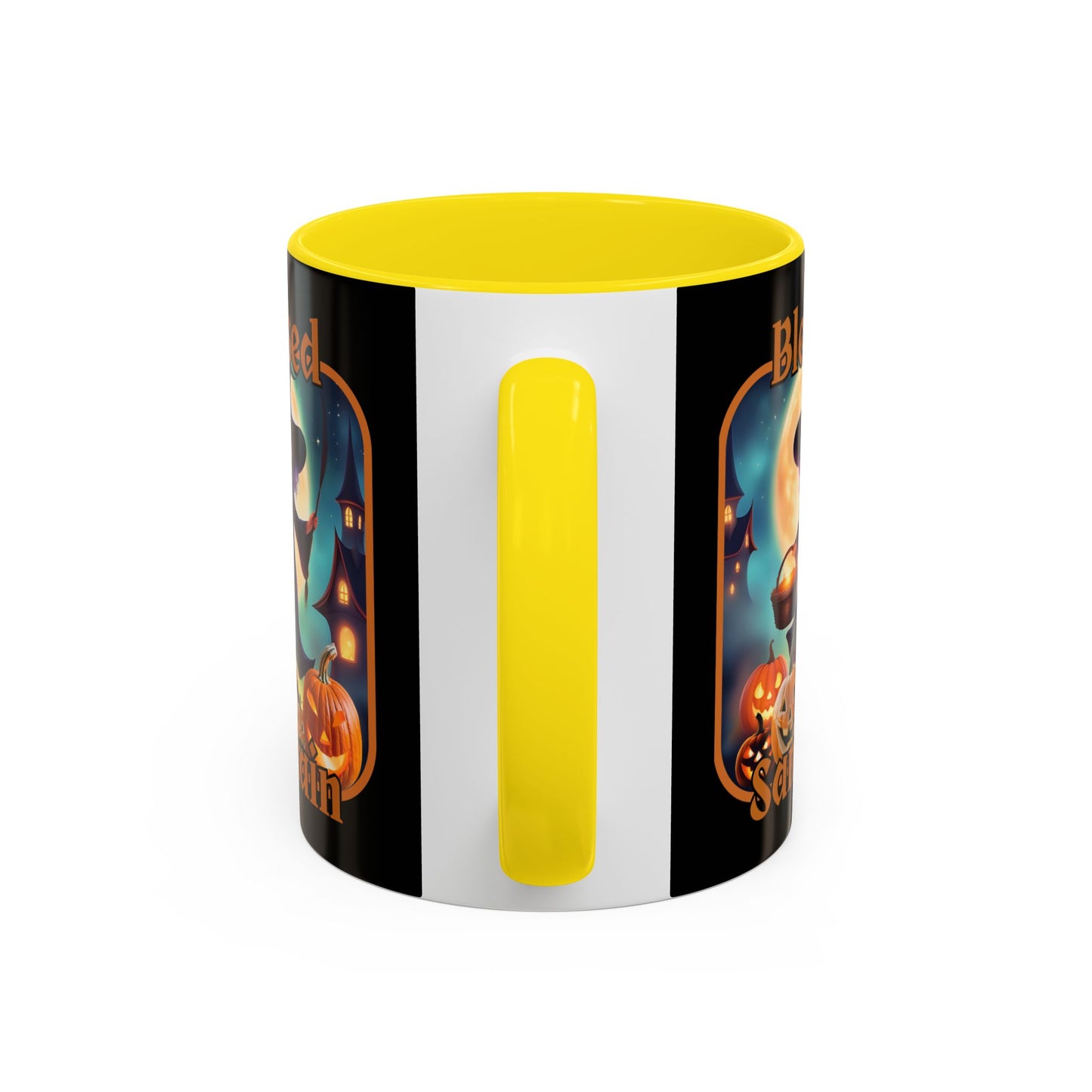 Blessed Samhain Little Witch Orange font Black Accent Mug by CreepyCrafts.boo