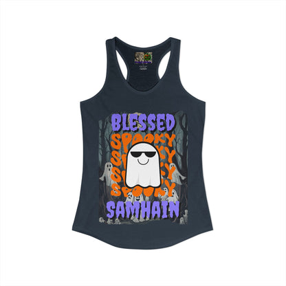 Spooky Blessed Samhain Ghost Purple font Women's Racerback Tank Top by CreepyCrafts.boo