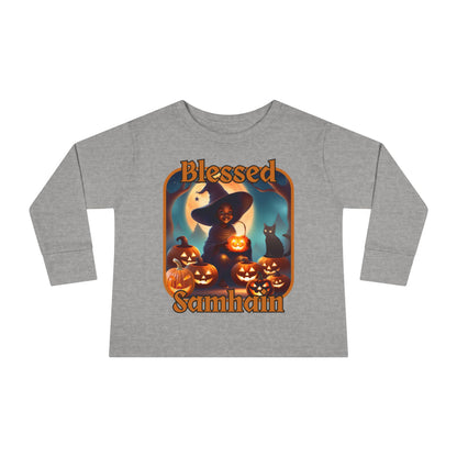 Blessed Samhain Cute Witch Orange font Toddler Long Sleeve Tee by CreepyCrafts.boo