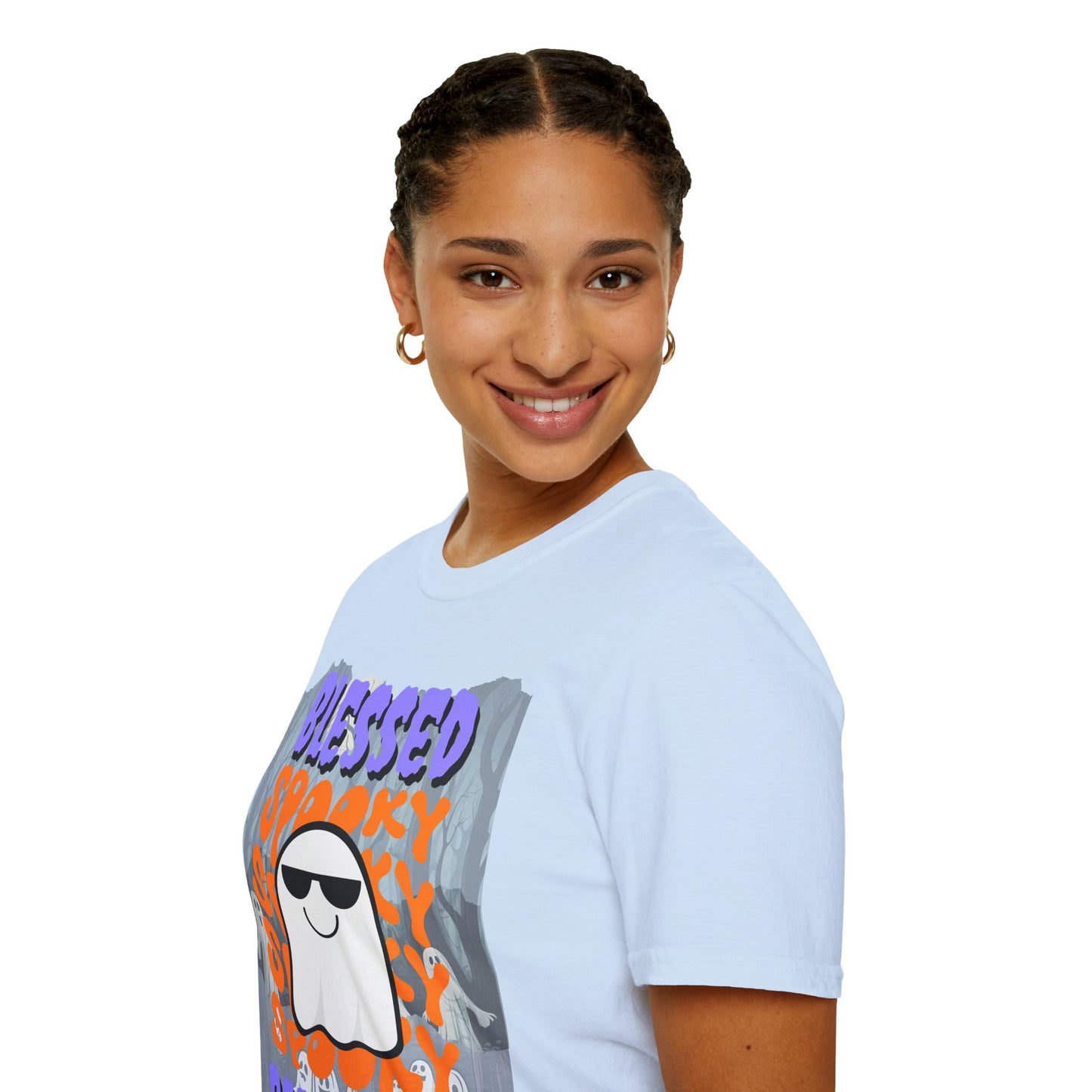 Spooky Blessed Samhain Ghost Purple font Unisex T-Shirt by CreepyCrafts.boo